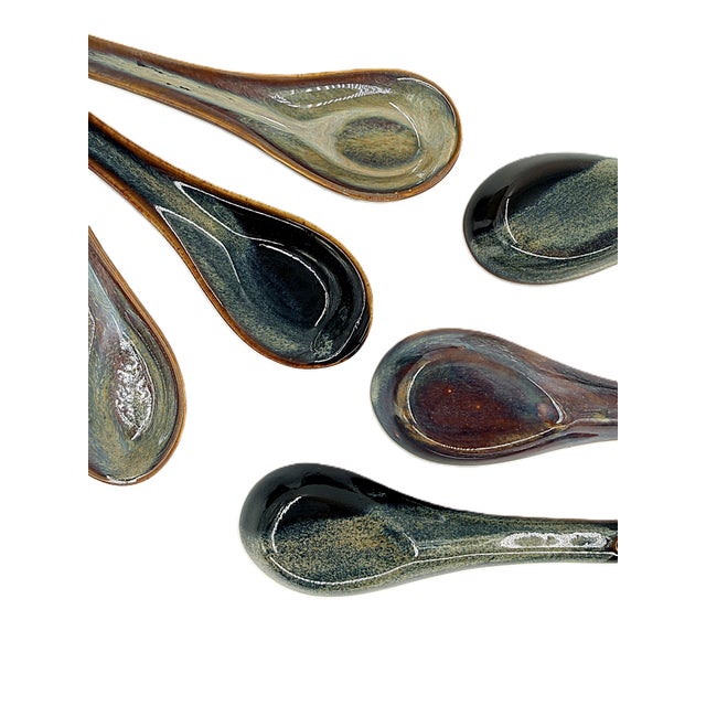 Asian Modern Vietnamese Ceramic Soup Spoons Hand Painted in Multicolor Stoneware - Set of 6 For Sale In New York - Image 6 of 8