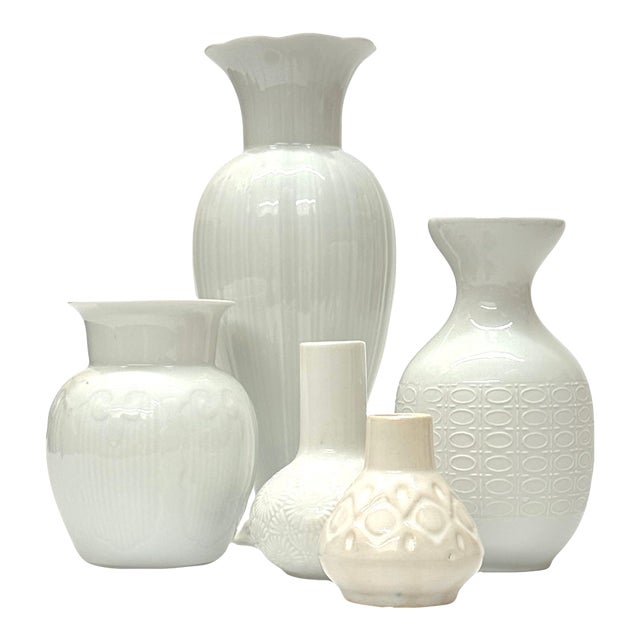 White Textured Ceramic Mid-Century Vase Curation, Made in Germany - Group of 5 For Sale