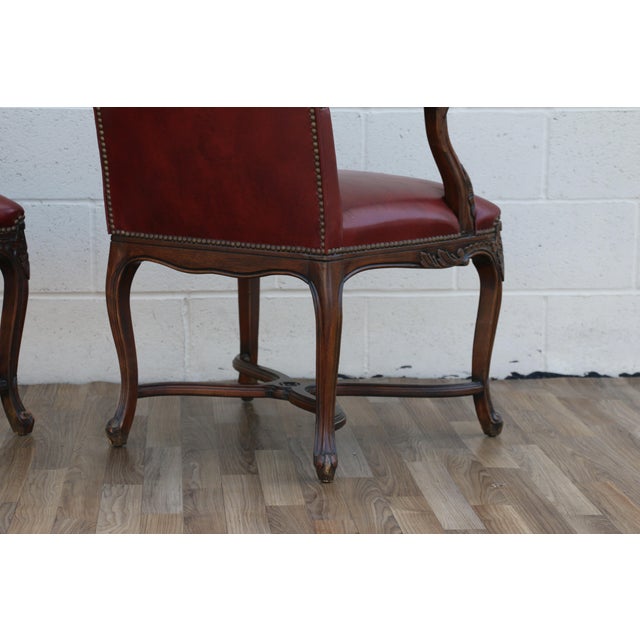 Pair of Vintage English Regency Style Leather Armchairs | Carved Wood Frame, Nailhead Trim For Sale - Image 9 of 18