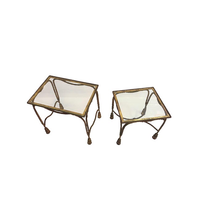 1950s 1950s Gilt Hollywood Regency Rope & Tassel Metal and Glass Nesting Tables For Sale - Image 5 of 18