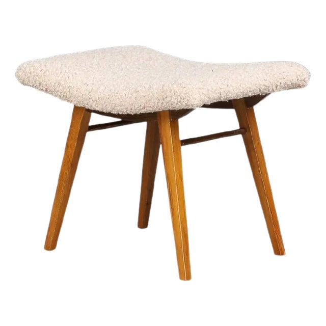 Mid-Century Modern Beechwood Stool & New Teddy Upholstery, Czechoslovakia, 1960s For Sale