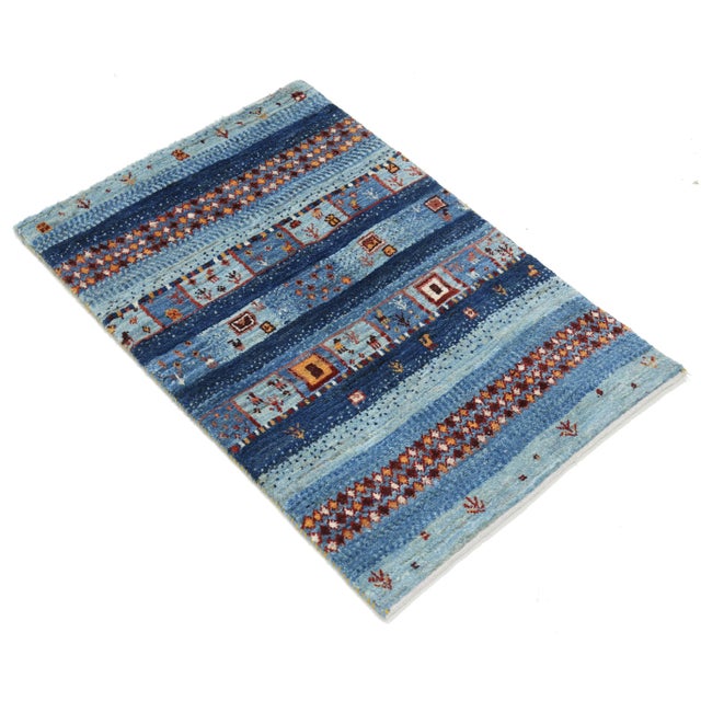 Modern Blue Color Fine Hand Knotted Persian Gabbeh Rug For Sale - Image 3 of 4