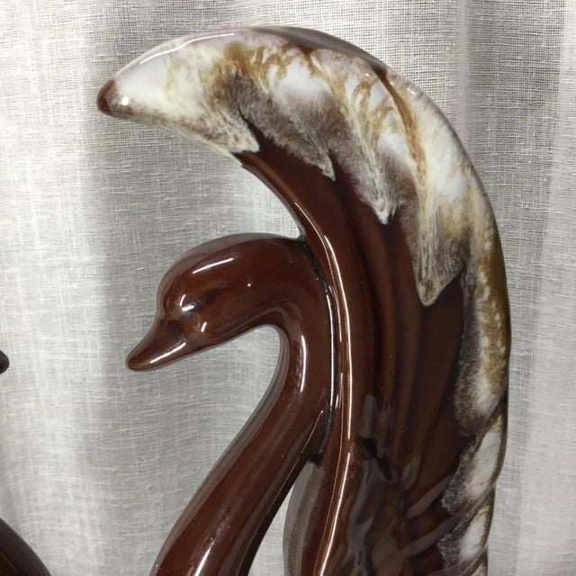 Mid 20th Century Mid-Century Art Deco Boho Chic Swans in Brown Glaze Ceramic With White Tips - A Pair For Sale - Image 5 of 9
