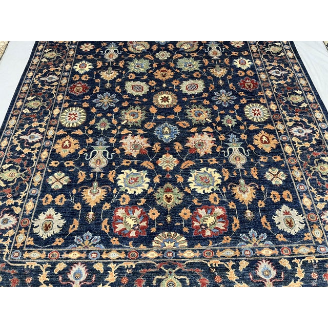 Art Deco Navy Blue Afghan Sultani Natural Dye Wool Rug, Persian Floral Botanical Design, 8′2″ × 9′11″ For Sale - Image 3 of 16