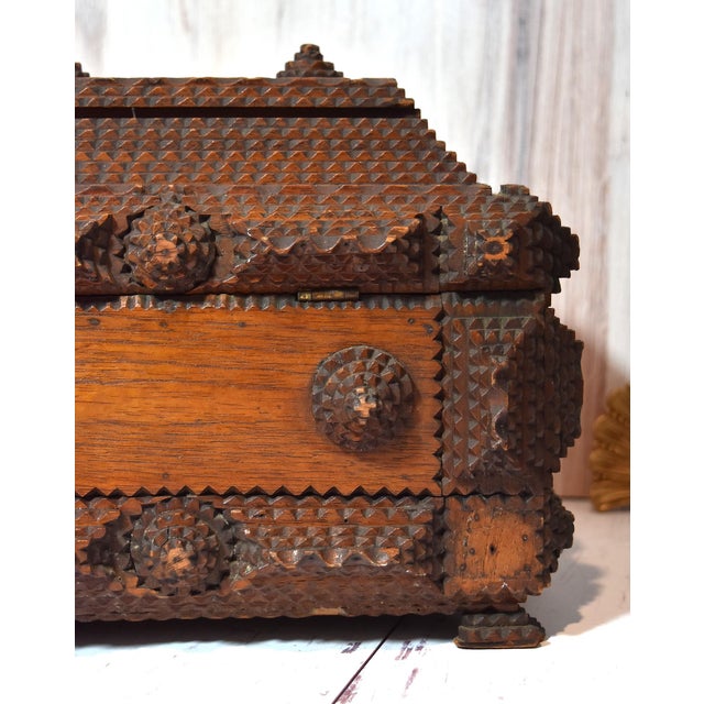 Antique Tramp Art Box With Velvet Interior and Mirror Secret Spot For Sale - Image 9 of 18