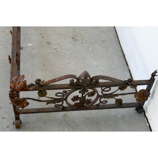 Antique Italian Hand-Forged Wrought Iron Fireplace Fender, 58” Wide, Floral Scroll & Fleur-De-Lis Architectural Hearth Guard For Sale - Image 11 of 12