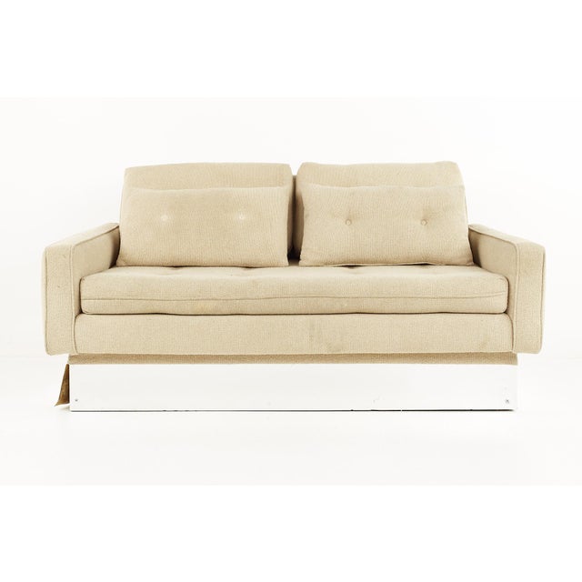 Milo Baughman Style Mid Century Chrome Base Settee Sofa The sofa measures: 60 wide x 34.5 deep x 30 high, with a seat...