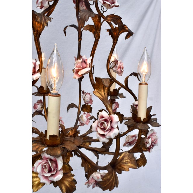 Italian Mid-Century Modern Tole Chandelier, Gold Gilt, Porcelain Roses For Sale - Image 4 of 6