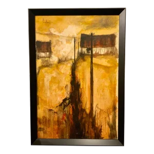Vintage Mid-Century Modern Abstract Vertical Landscape Oil Painting