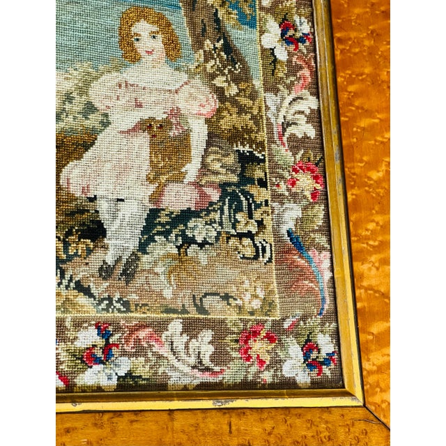 Antique Birds Eye Maple Frame Child With Dog Needlepoint For Sale - Image 4 of 12