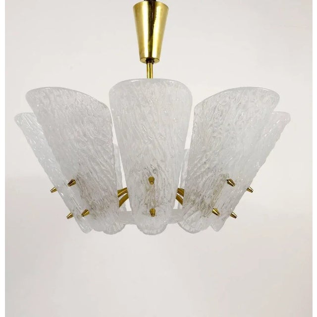 Metal Mid-Century Brass Chandelier with White Textured Glass Lamp Shades attributed to J. T. Kalmar for Kalmar, 1950s For Sale - Image 7 of 11
