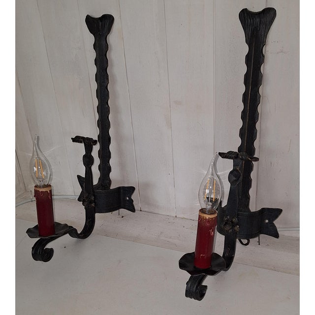 Vintage Rustic Wall Lamps with Wrought Iron Frames, 1970s, Set of 2 For Sale - Image 4 of 8