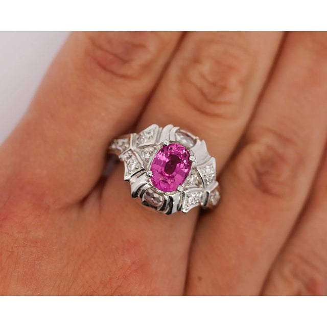 GIA Certified 2.4 Carat No Heat Pink Sapphire & Briolette Diamond Platinum Ring For Sale - Image 4 of 6