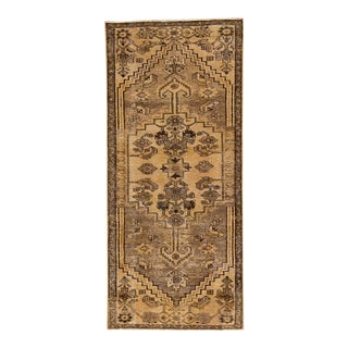 1960s Vintage Persian Distressed Handmade Geometric Tan Wool Rug For Sale