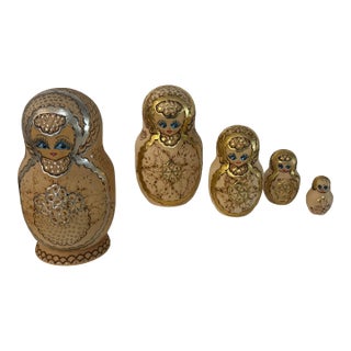 Signed Soviet Russian Matryoshka Nesting Doll Set W/ Pyrography Decor 6.25” Tall For Sale