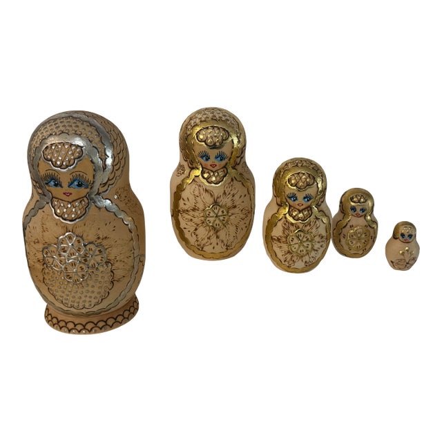 Signed Soviet Russian Matryoshka Nesting Doll Set W/ Pyrography Decor 6.25” Tall For Sale