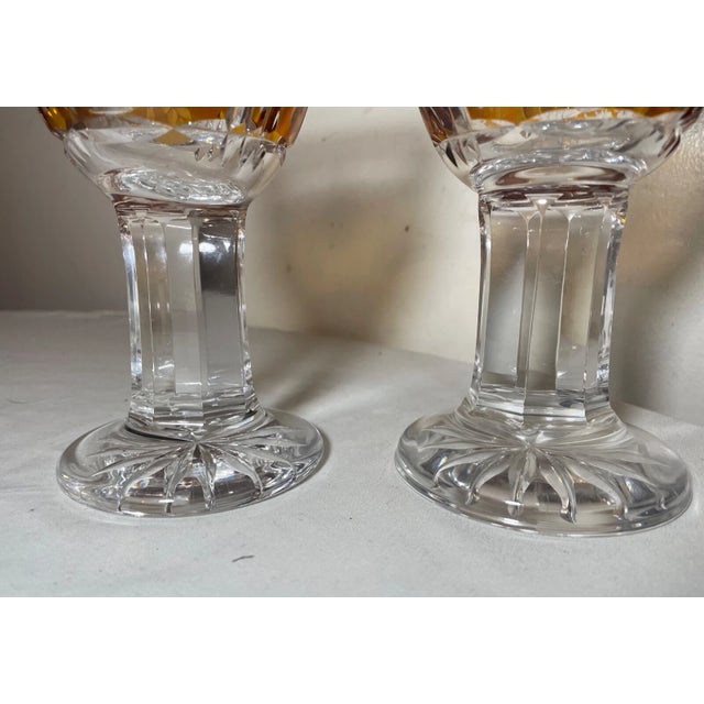 Orange 1950s Rare Pair Hand Cut to Clear Thick Stem Crystal Orange Glass Wine Goblet Glasses For Sale - Image 8 of 12