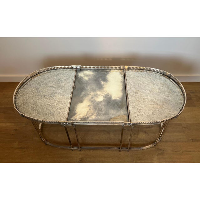 Maria Pergay Neoclassical style coffee table in silver metal with antique mirror top For Sale - Image 4 of 12