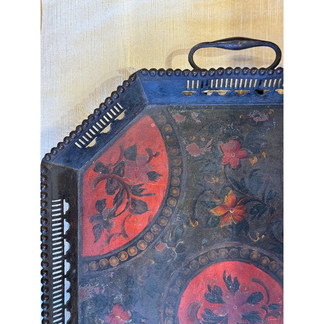 Traditional Antique Octagonal Lacquered Toleware Tray For Sale - Image 3 of 4