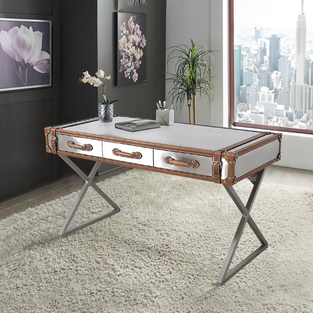 Pasargad Home Brookline Stainless Steel With Leather Desk, Brown For Sale - Image 9 of 10