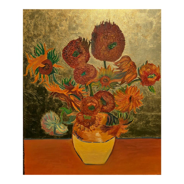 Contemporary Fine Art Sunflowers Hand Painted in Oils With Gold Leaf on Canvas For Sale