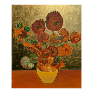 Contemporary Fine Art Sunflowers Hand Painted in Oils With Gold Leaf on Canvas