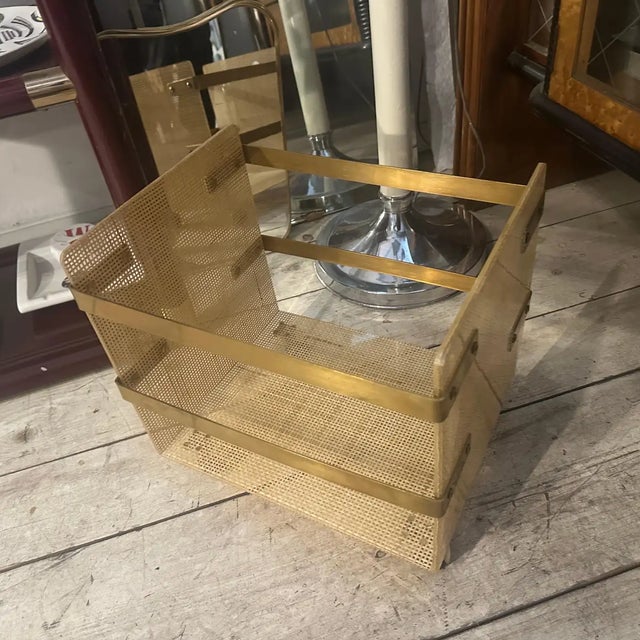 1980s Dior Home Style Mid-Century Modern Brass and Wicker Magazine Stand For Sale - Image 18 of 18