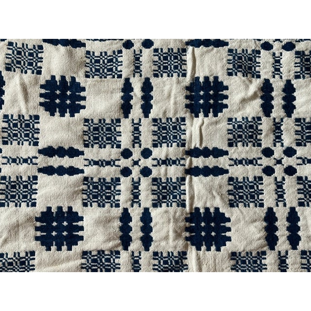 Textile Antique 19th Century Hand Loom Woven Blue and White Coverlet For Sale - Image 7 of 16