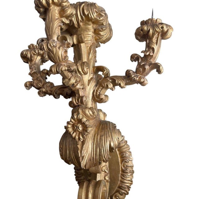 Rare Pair of Early 19th Century Italian Baroque Style Giltwood Wall Candelabras For Sale - Image 9 of 10