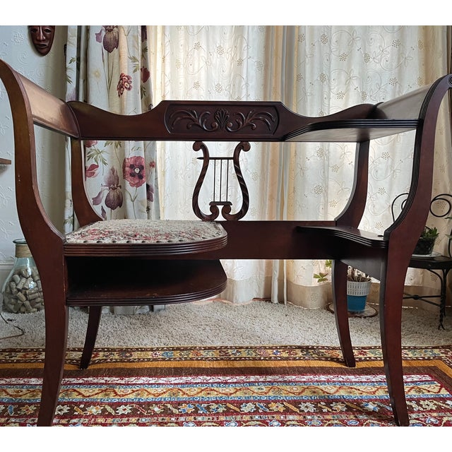 Mid 20th Century Vintage Mahogany Lyre Back Telephone Table With Gossip Bench Seat For Sale - Image 5 of 13