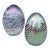 Iridescent Rainbow Aurene Surface Black White Swirl Pulled Feather Studio Art Glass Vintage Egg Paperweights - A Pair For Sale