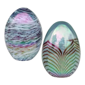 Iridescent Rainbow Aurene Surface Black White Swirl Pulled Feather Studio Art Glass Vintage Egg Paperweights - A Pair