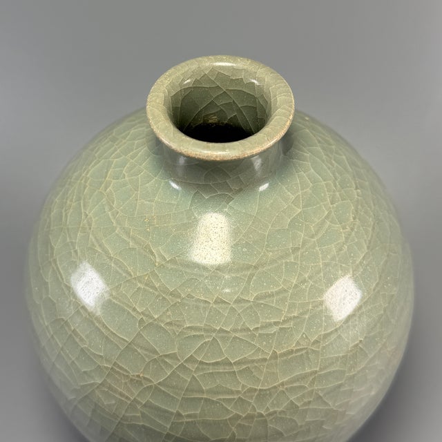 Chinese Antique Chinese Celadon Crackle‑Glaze Meiping Vase, Collectible Antique For Sale - Image 3 of 7