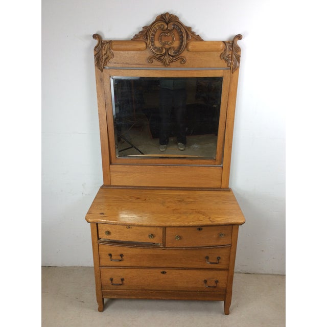 Antique Five Drawer Oak Dresser With Large Mounted Mirror For Sale - Image 16 of 18