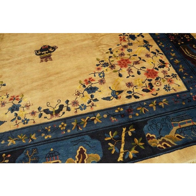 Textile 1920s Antique Beige Open Field Medallion Scene Pictoral Large Chinese Peking Rug For Sale - Image 7 of 10