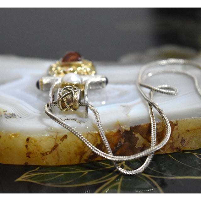 Late 20th Century Artisan Sterling Silver Amber Pearl Pendant Necklace For Sale - Image 4 of 14
