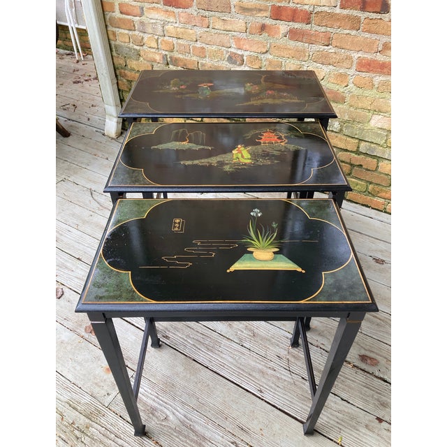 Wood Chinoiserie Stately Vintage Nesting Tables - Set of 3 For Sale - Image 7 of 10