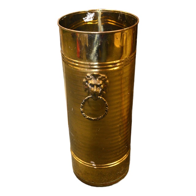 Vintage Hammered Brass Umbrella or Stick Stand W/ Lion Head Handles & Copper Base For Sale