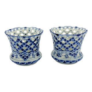 Pair, Royal Copenhagen Blue Fluted Full Lace Vase / Cigarette Cup No 1015 For Sale