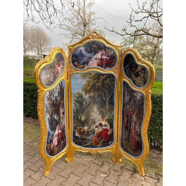 Late 20thC French Louis XVI Gold Beech Room Divider Screen - 3 Panels For Sale - Image 6 of 18