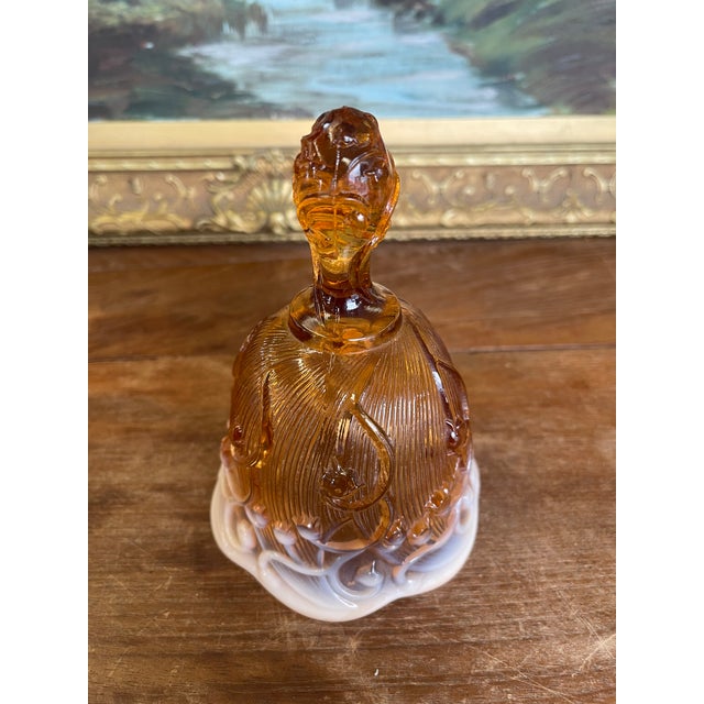 1970s Vintage Amber and White Cased Art Glass Bell With Figural Handle For Sale - Image 5 of 9