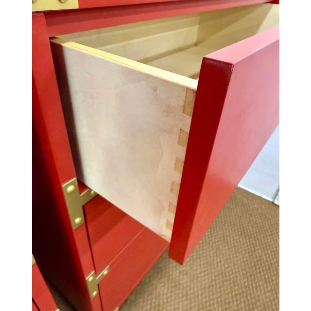 Early 21st Century Red Campaign Style Three Drawer Chest With Brass Hardware. For Sale - Image 5 of 8