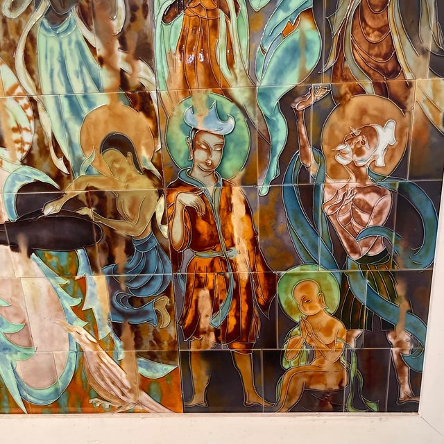 Royal Blue Extra-Large, Mid Century Modern Lin Zhi, b.1936 Dunhuang Style Ceramic Tile Mural Triptych - 82”x58”x3.5” Signed, 1970’s, India/ Chinese Cave For Sale - Image 8 of 11