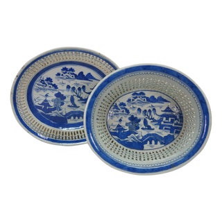 Antique Chinese Export Canton Blue White Reticulated Serving Plate & Basket For Sale
