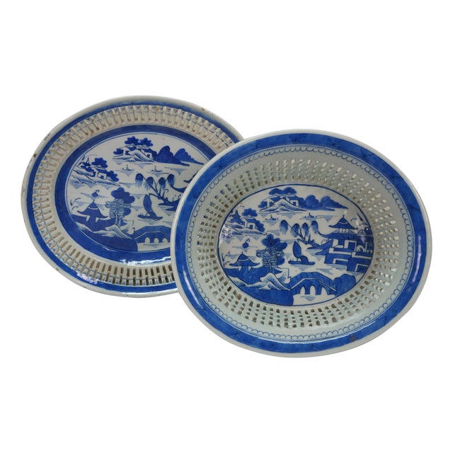Antique Chinese Export Canton Blue White Reticulated Serving Plate & Basket For Sale