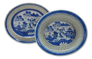 Antique Chinese Export Canton Blue White Reticulated Serving Plate & Basket