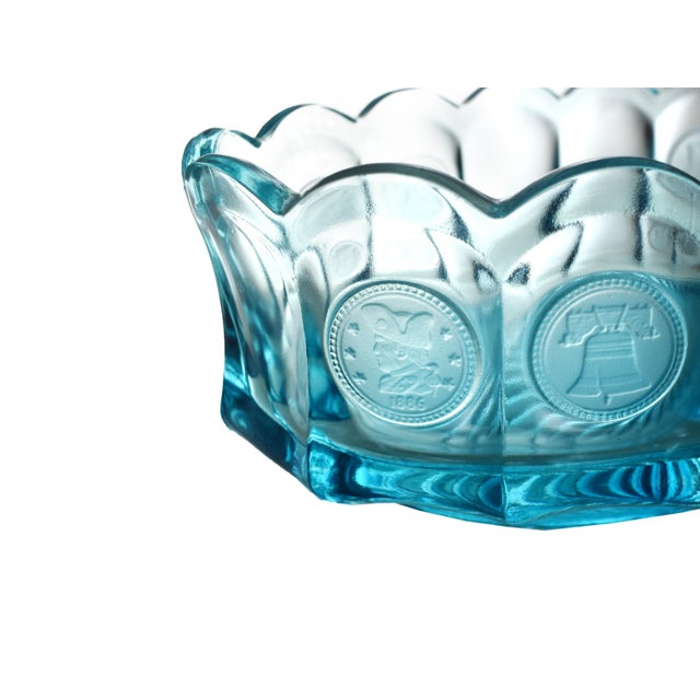 Fostoria Glass Aqua Blue Oval Candy Dish With Liberty Bell Coin