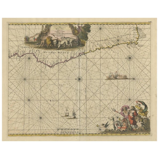 Antique map titled 'Cimbebas et Caffariae Littora a Catenbela ad Promontorium Bonae Spei'. This map depicts the coast of...