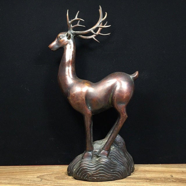 Copper Solid Copper Pair of Lucky Wealth Deer (Zhaocai Lu) - Heavy Bronze Deer Figurines With Antlers For Sale - Image 8 of 9