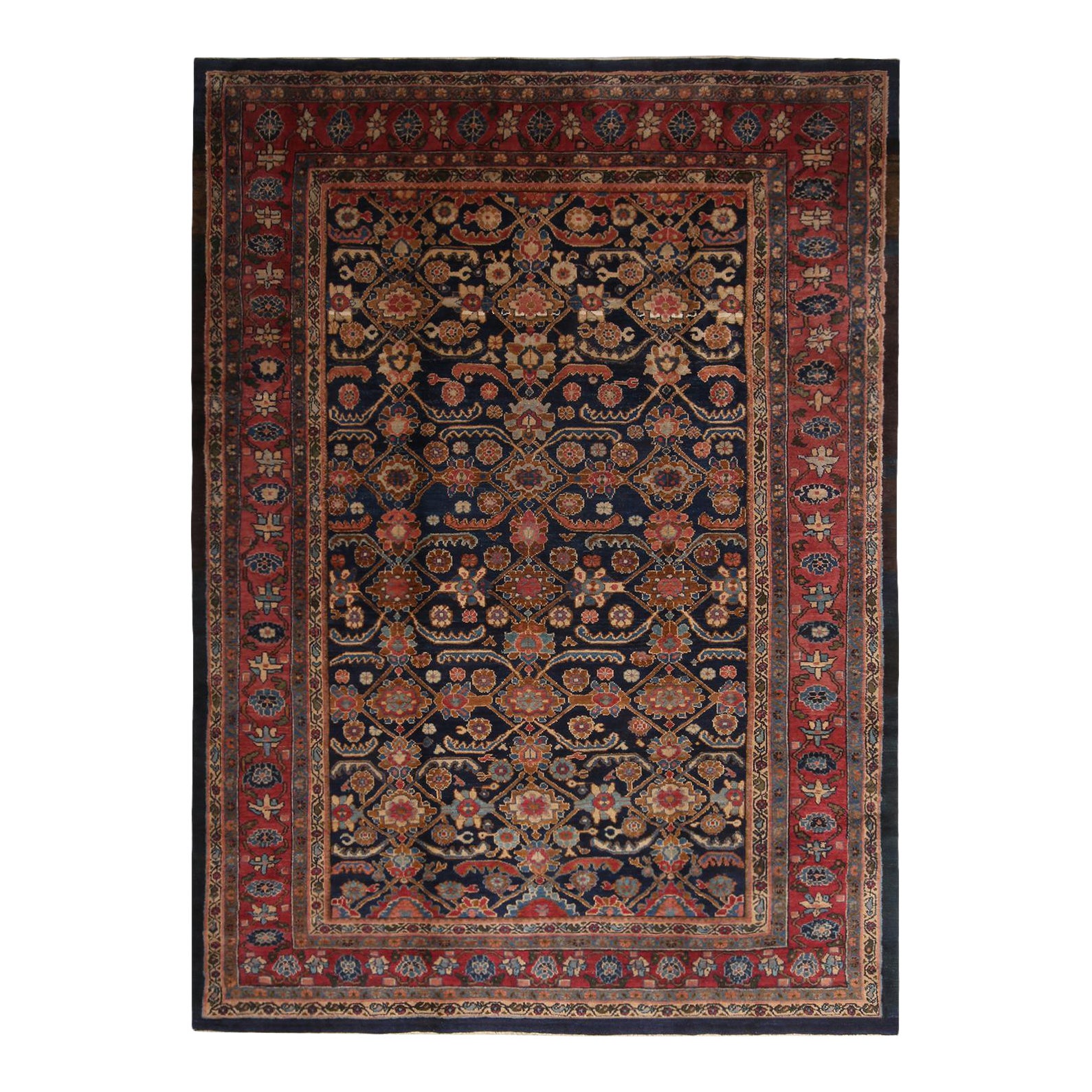 Antique Hamadan Geometric Floral Red And Navy Blue Wool Persian Rug Chairish